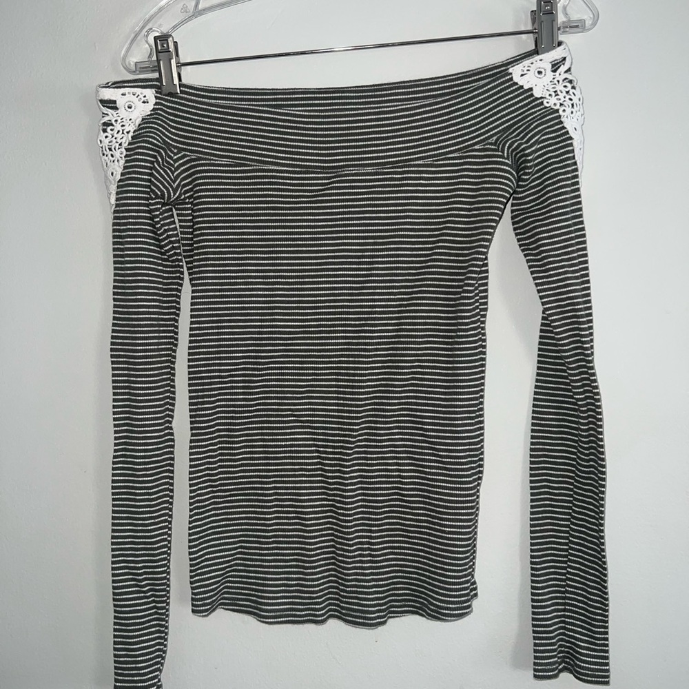 Hollister green and White Striped Lace Shoulder Top
